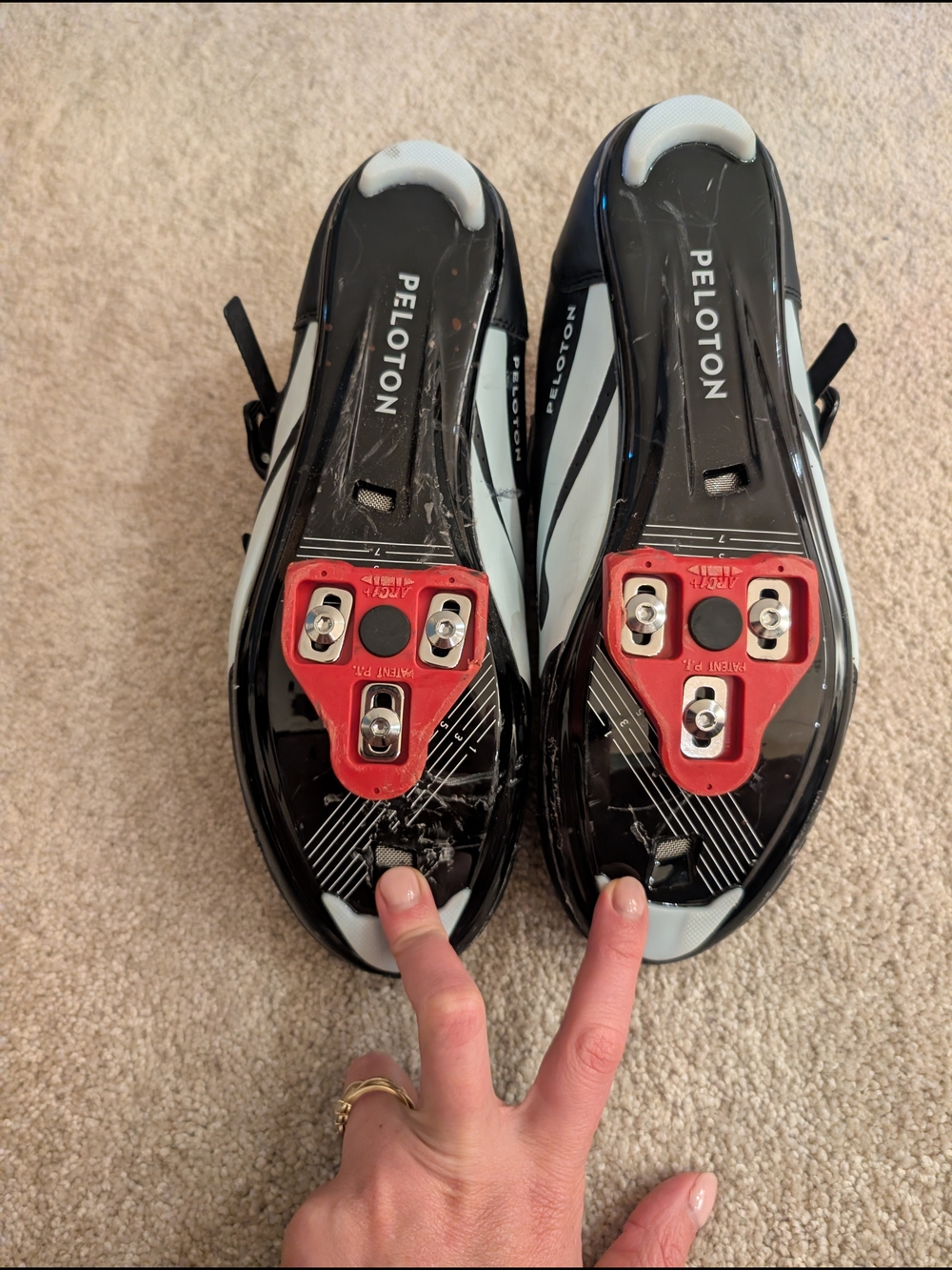 Peloton Men’s Black White Cycling Shoes with Red Cleats